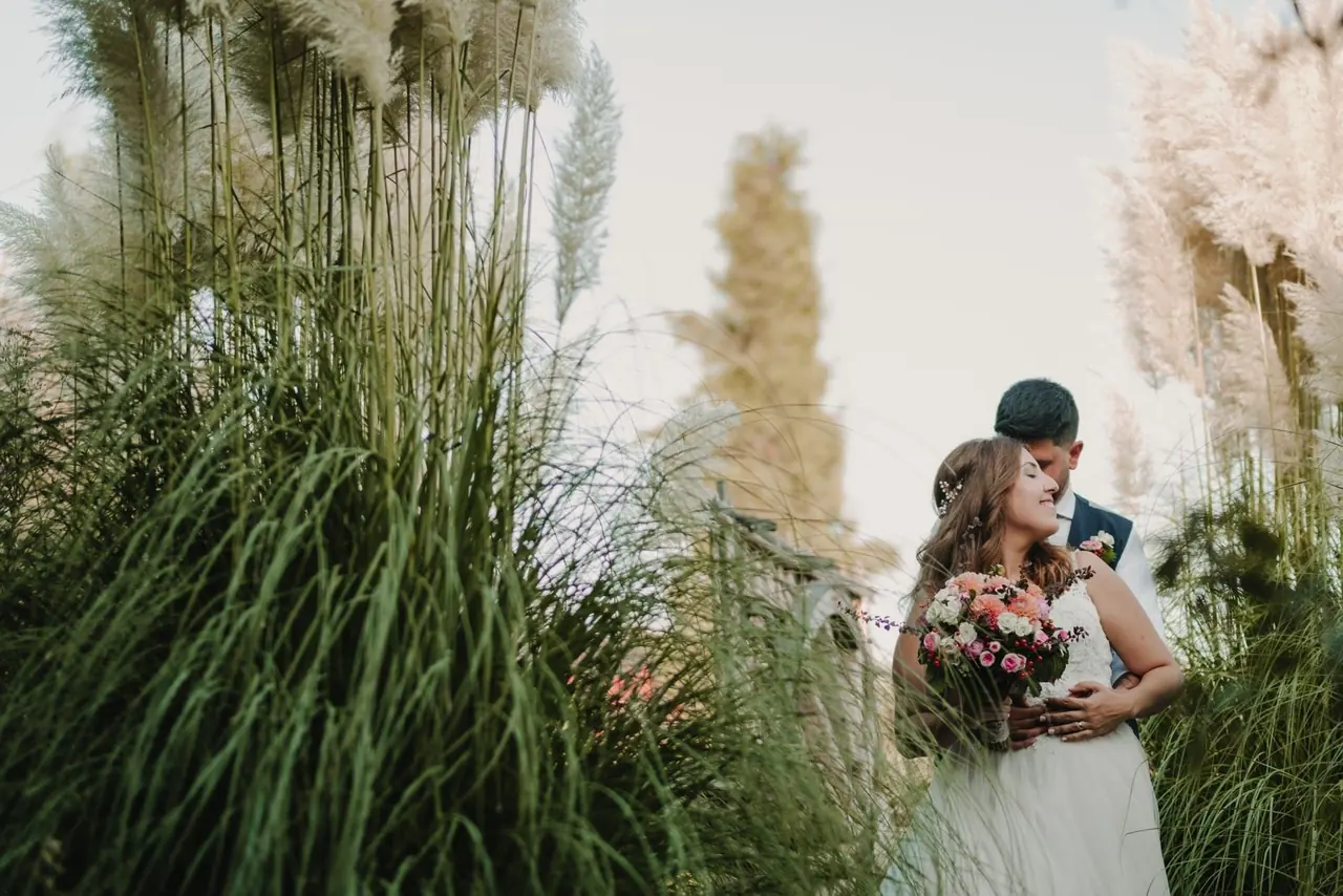 Novios abrazados entre plumeros